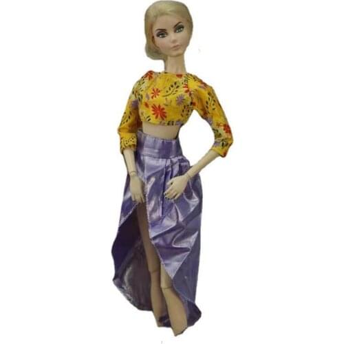 1/6 BJD Dolls Clothes Fashion Yellow Floral Crop Top Shirt Purple Skirt Outfit for Barbie Clothes FR Kurhn Doll Accessories Toys