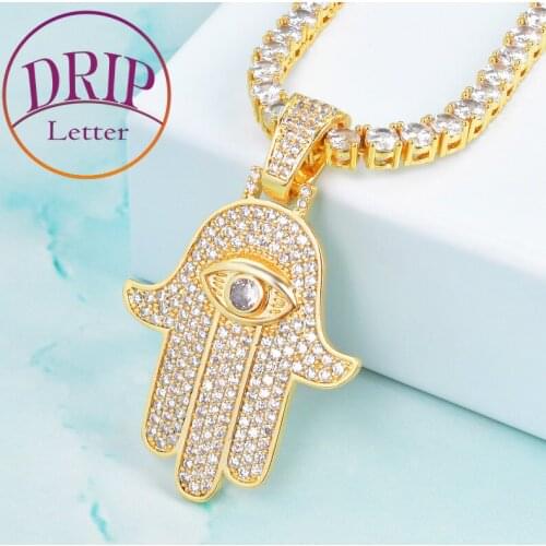 Hand Eye Pendant Gold Color Cubic Zircon Necklace Mens Hip Hop Jewelry