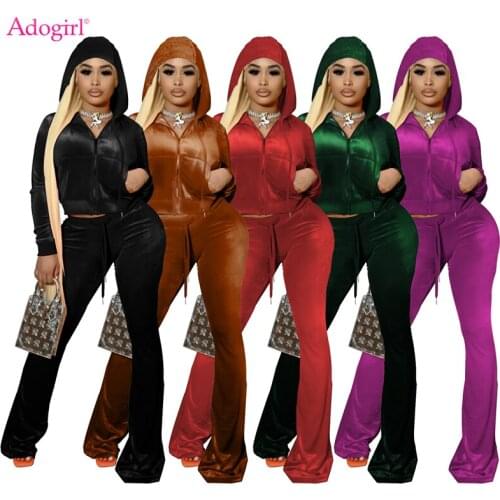 Adogirl Christmas Velvet Two Piece Set Women Autumn Winter Tracksuit Zipper Long Sleeve Hoodies Crop Top Flare Pants Sports Suit