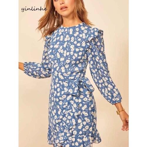 Yinlinhe O neck Blue Floral Wrap Dress Women Long Sleeve Bow Tied Ruffles Dress Autumn French Style Vintage Bodycon Dresses 1906