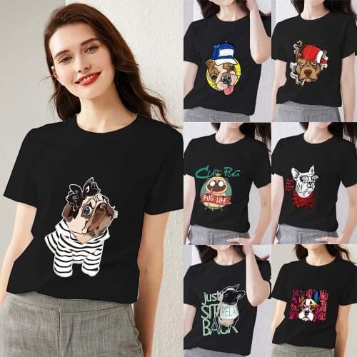 Womens T-shirt Summer Fashion Casual Basic O-neck Slim Womens Commuter All-match Cute Dog Print Series Comfortable Soft Top