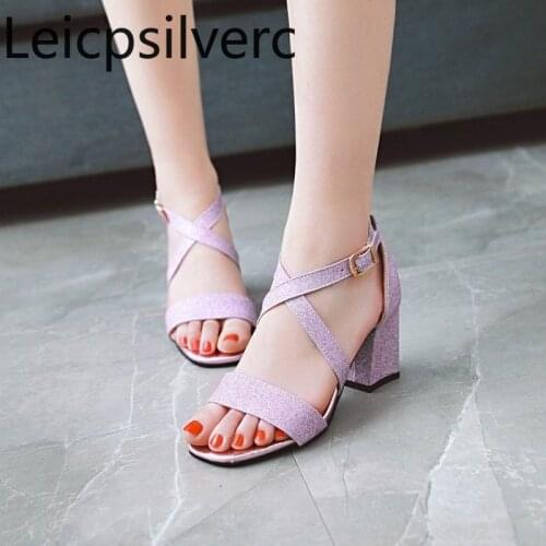 Womens Sandals summer new style fashion Solid Sequin Open toe Buckle Thick heel mid heel Womens shoes plus size 32-43