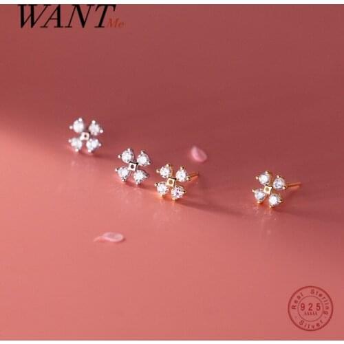 WANTME 925 Sterling Silver Luxury Zircon Clover Flower Mini Small Stud Earrings for Women Simple Fashion Jewelry Accessories