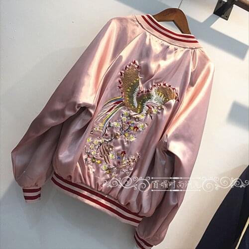 Chic Women Reversible Phoenix Embroidery Satin Bomber Jacket Baseball Coat Fall Long Sleeve Zipper Faux Silk Cardigan Crop Tops