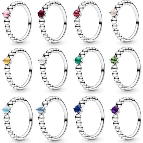 925 Sterling Silver 11 Color March Birthstone Beaded With Crystal Rings For Women Wedding Party Pandora Jewelry