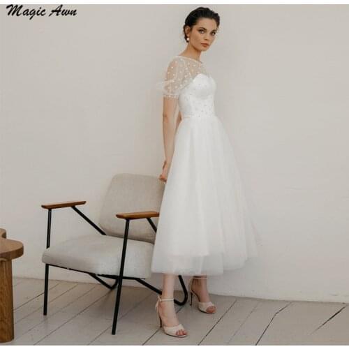 Magic Awn Tea-Length Polka Dots Tulle Boho Wedding Dresses Short Puffy Sleeves Illusion Simple Beach A-Line Bridal Gowns Vestido