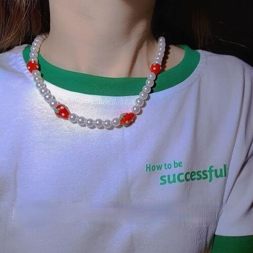 12pcs/lot Lovely Cherry Crystal Pendant Choker Cute White Pearl Beaded Necklace Butterfly Pearl Beads Chain Jewelry Gifts