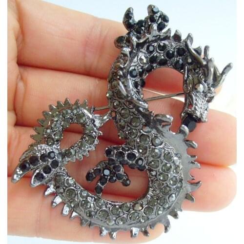 2.36" Unique Chinese Dragon Brooch Pin Black Gray Austrian Crystal Pendant EE02980C11