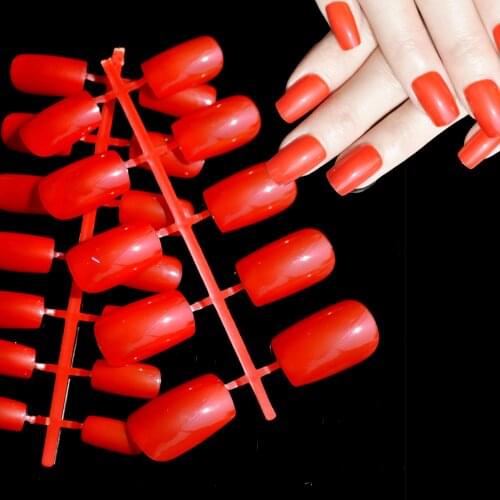 24pcs Shiny Bright Red Color Fashion Fake Nails Acrylic Long False Nail Faux Ongles Full Cover Nails Art Tips 059M