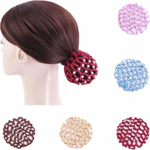 Ballet Dance Riding Faux Pearl Thick Crochet Mesh Bun Hair Net Snood Cover