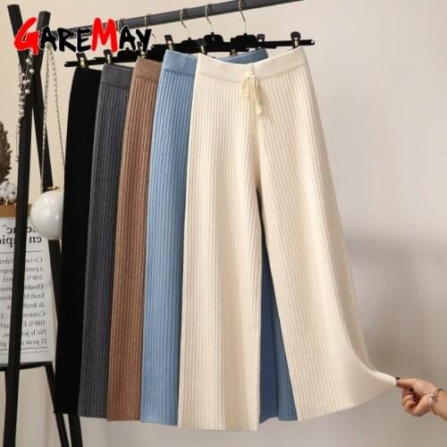 Womens Winter Pants Casual Soft Warm Loose Pants Women Grey Khaki Knitted Trousers Streetwear Thick Knitted Wide Leg Pants