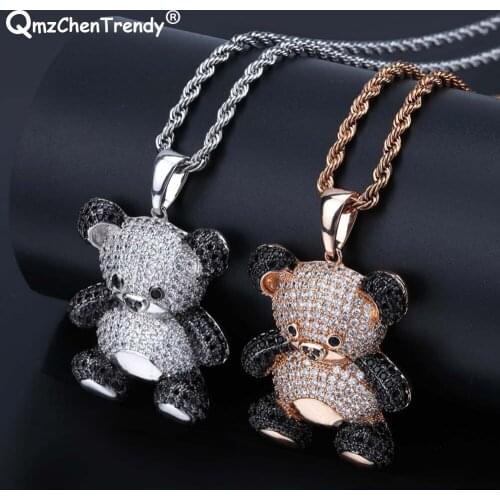 Hip Hop Rope Chain Necklace Cartoon Panda Pendant Necklaces For Men Women Bling CZ Jewelry Top quality Bear Fine Jewelry