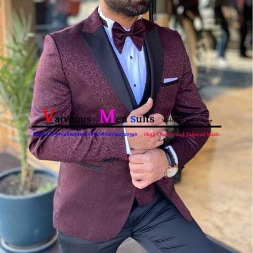 Floral Jacquard Wedding Tuxedo for Groomsmen 3 Piece Men Suits Set (Jacket+Vest+Pants) Shawl Lapel Male Fashion Clothes Costume