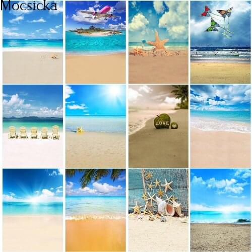 Newborn Kids Summer Beach Birthday Portrait Photo Background for Photographic Studio Blue Sky and Sea Palm Tree Rainforest Props