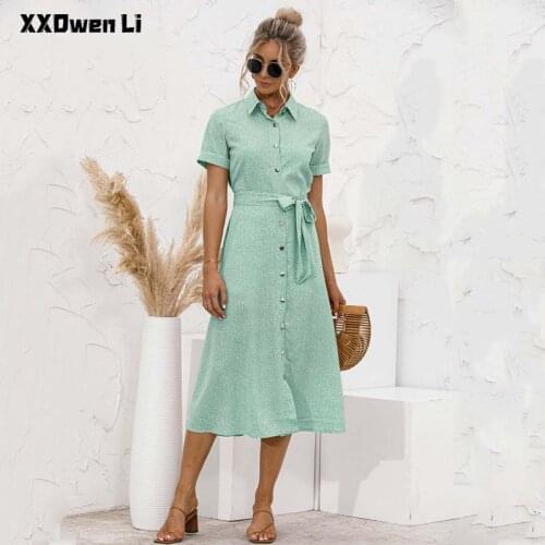 Summer Chiffon Shirt Dress for Women Casual Dot Print Midi Dresses Office Lady Lace up Buttons Short Sleeve Shirts Dress Female
