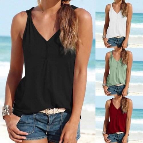 Summer Beach Women Solid Color Buttons V Neck Twist Sleeveless Tanks Top Vest