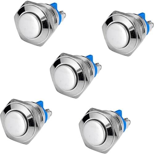5pcs 16mm Metal Push Button Switch 3A/250V Nickel Plated Brass Waterproof Automatic Push Button Momentary Horn Switch Start