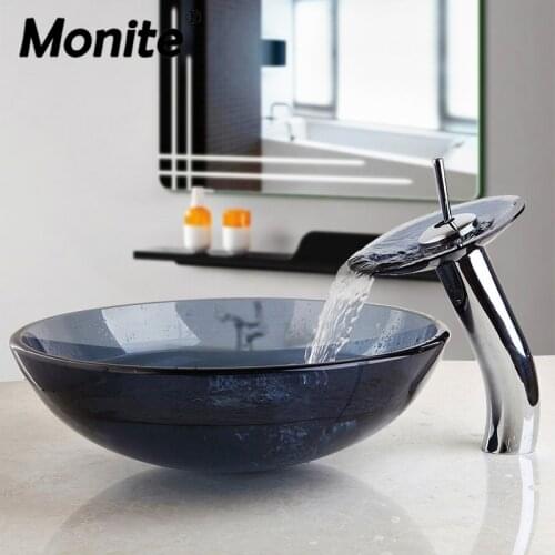 Monite Black Round Washbasin Lavatory Tempered Glass Sink Set Waterfall Glass Basin Faucet Combine Brass Faucet Mixer Tap