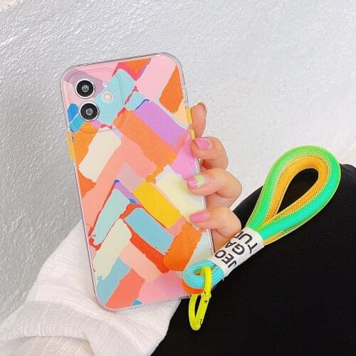 Painted Graffiti Strap Lanyard Phone Case For iPhone 12 Pro 11 Pro Max XS XR X 7 8 Plus SE 2020 Colorful Rope Soft Silicon Cover