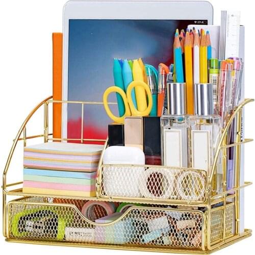 Desk Mesh Collection Organizer,Desktop Pen Holder Caddy with 5 Compartments&1 Drawer for Office&Home