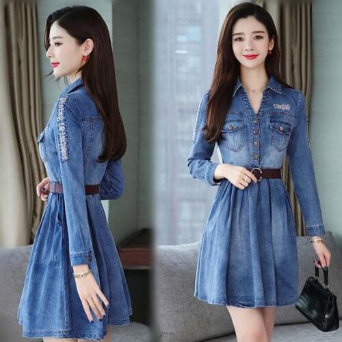 Denim dresses female spring autumn 2020 new fashion Korean Plus size was thin waist middle long casual A word dress womens tide