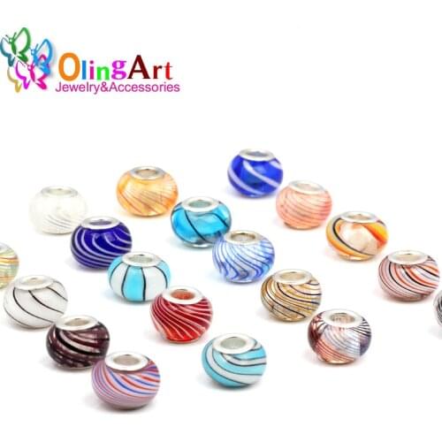 OlingArt 15x10mm 6 Pcs/Lot Transparent stripes multicolored Big Hole glass European Beads DIY Bracelet Necklaces Jewelry making