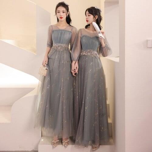 Bridesmaids Dresses Illusion V-Neck Short Sequined Off The Shoulder Lace Tulle A-Line Luxury Gray Women Wedding Party Gown E728