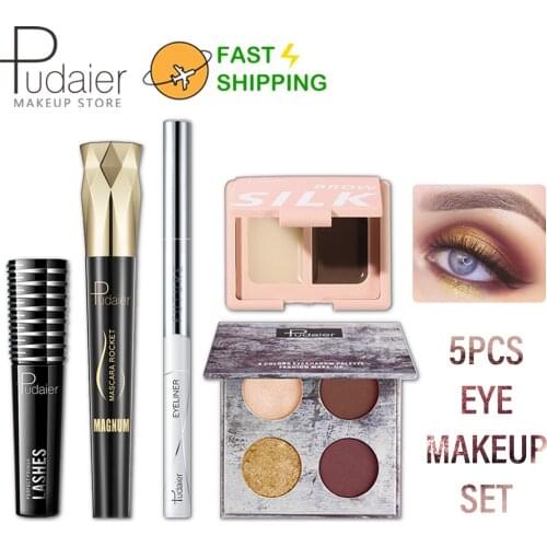 Pudaier 5pcs/Set Eye Makeup Set Eyeshadow Palette Black / White Mascara Eyebrow Gel Eyeliner Waterproof Eye Makeup Set
