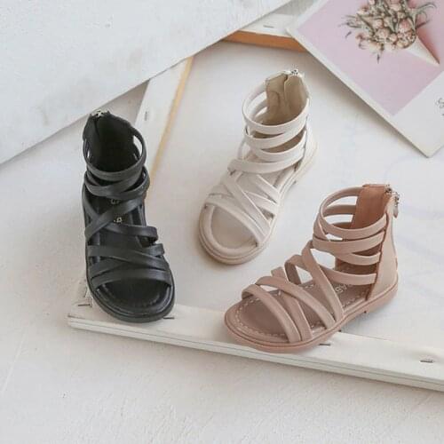 Gladiator Roman Zipper Summer Sandals Girls Strapy Soft Leather Shoes White Black Dressy Sandals 2-8 Years Old Kids Princess 7 8