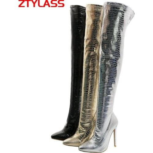 Fashion Faux Crocodile Leather Over The Knee Boots Sexy Super High Heel Women Boots Pointed Toe Zipper Autumn Winter Long Boots