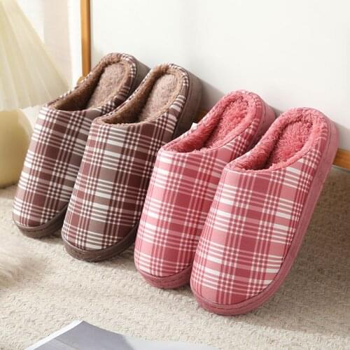 Winter Plaid Cotton Slippers Women Thick Platform Indoor Slipper Soft PVC Anti-slip Warm Home Floor Slides Ladies Shoes Men Love