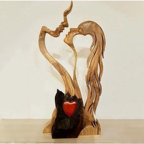 NEW-Love Eternal Wood Ornaments Wooden-Heart Desktop Sculpture Couple Kissing Statue Love Art Ornaments for Home Decorations