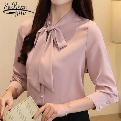 Spring 2021 Fashion Women Blouse Long Sleeve Ribbon Bow Chiffon Women Shirts Korean Style Temperament Business Attire 1373