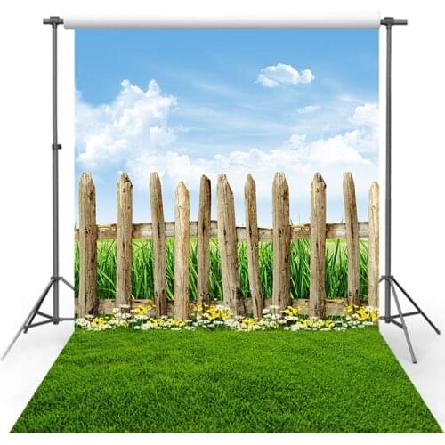 Vinyl Photography Backdrop Spring Season Green Lawn Forest Wildflower Tree Wood Fence Decor Children Background Photo Studio
