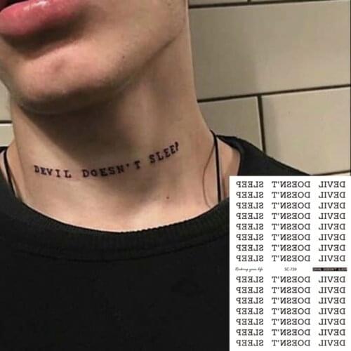 Rocooart Waterproof Temporary Tattoo Sticker Black Devil Doesn't Sleep English Letters Flash Tatoo Fake Tatto Neck Wrist For Men