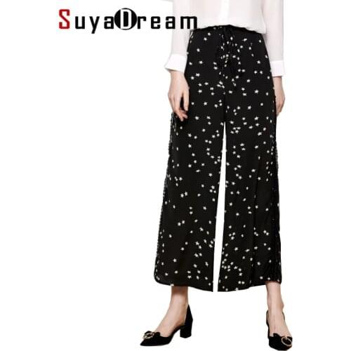 Women Wide Leg Pants 100%Real Silk Crepe Printed Ankle-Length Pants For Women High Waisted Loose Pants 2019 Spring New Trousers