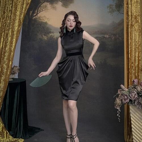 Le Palais Vintage 2021 New Original Fall Fashion Satin Black Cheongsam Dress for Women Elegant Slim Collect Waist Dresses Party