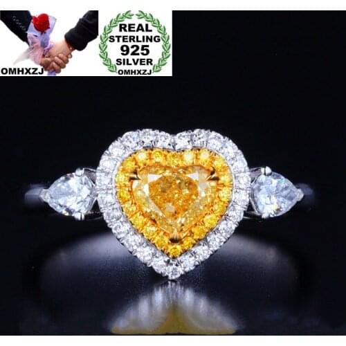 OMHXZJ Wholesale European Fashion Woman Girl Party Wedding Gift White Yellow Heart AAA Zircon 925 Sterling Silver Ring RR30