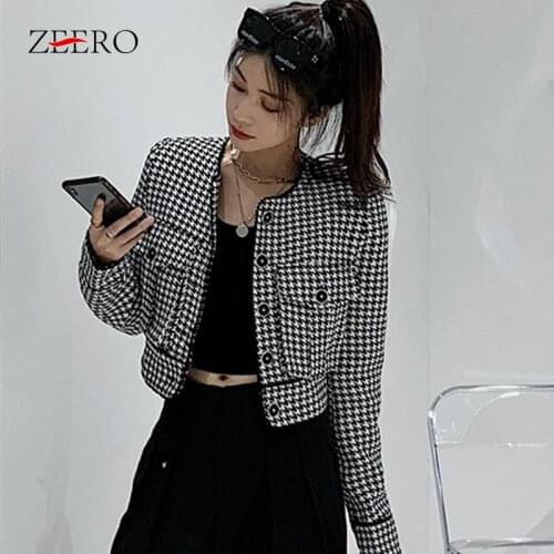 2020New Korean Women Winter V-Neck Single-breasted Long Sleeve Pocket Blazer Autumn Female Vintage Casual Black Plaid Short Coat