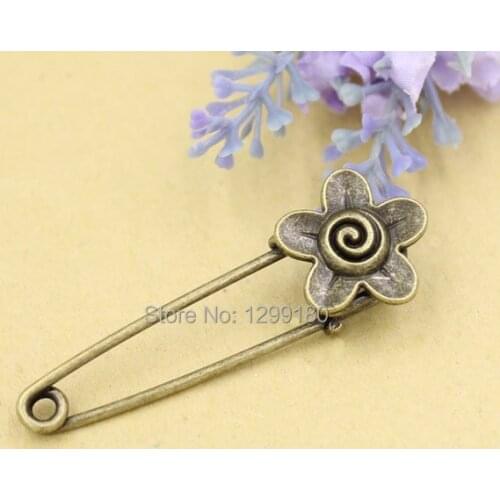 10pcs/lot Alloy Antique Bronze Vintage Flower Brooch Safety Pins For Garment Accessories Scarf Clip pins Length:54mm (K02074)