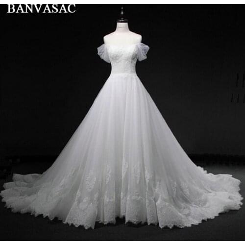 BANVASAC Real Photos Boat Neck Ball Gown Wedding Dresses 2018 Lace Appliques Short Cap Sleeve Plus Size Court Train Bridal Gowns