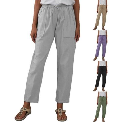 Large size cotton and linen trousers womens elastic high waist loose casual womens loose summer pants