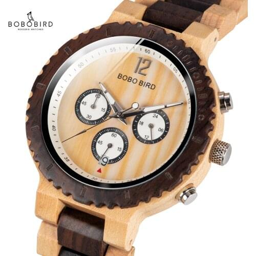 BOBO BIRD Wood Watch Men Chronograph Quartz Wristwatch Women Auto Date Relogio Feminino with Gift Box J-R08