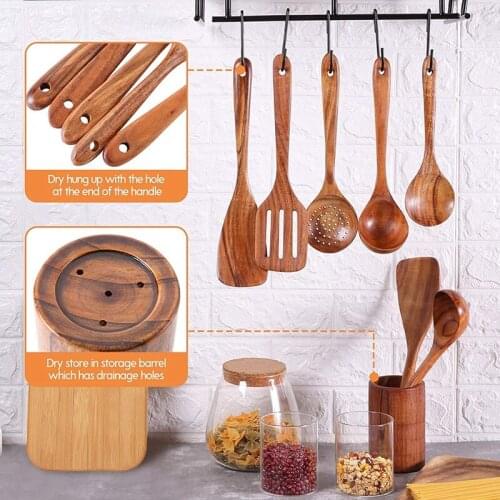 Wooden Spoons for Cooking 6 Pack Utensils for Kitchen Natural Teak Spoons and Spatula with Holder