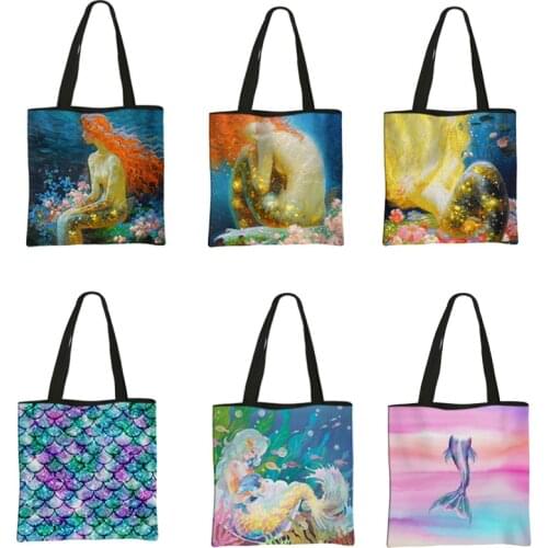 Exclusive Custom Mermaid Princess Print Handbags for Women Casual Shoulder Bag Eco Reusable Shopping Bags Large Capacity