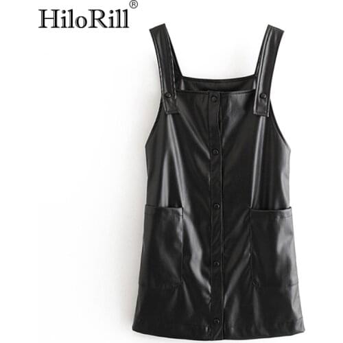 HiloRill PU Faux Leather Black Dresses For Women 2021 Spaghetti Strap Mini Dress Sleeveless Pockets Streetwear Casual Dress