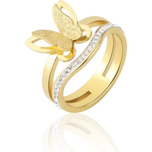 Hot Selling Beautiful Linear Zircon Ring Stainless Steel Jewelry Frosted Butterfly Crystal Ring Woman Party Love Gift Wholesale