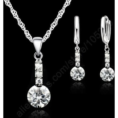 Pretty White Shiny Cubic Zirconia 925 Sterling Silver Jewelry Sets Chain Pendant Necklace Dangele Earring Woman Wedding