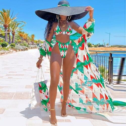 2021 Women Femme Geometric Print Three Piece Swimsuit Push Up High Waist Bikini Set Sexy Cover Up Bathing Suit Brazilian Biquini