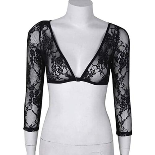 Summer Sexy Perspective Long Sleeve Top Women Shawl Shrug Tops Mesh Lace V-Neck Blouse Female Shirt Women Short Tops